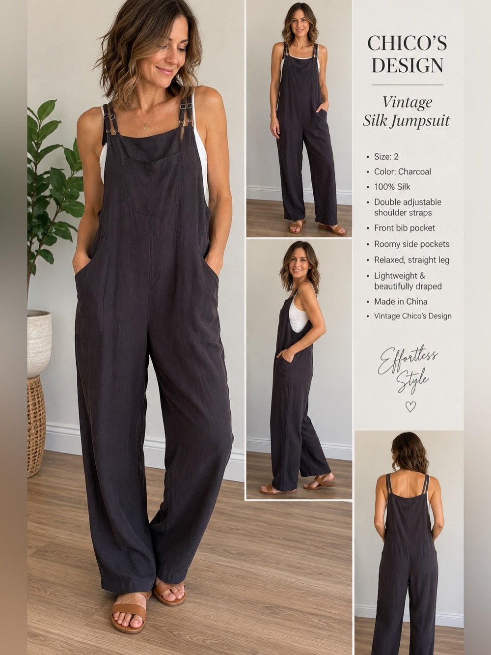 Vintage Chico’s Design 100% Silk Jumpsuit Size Large Charcoal Wide Leg Overalls